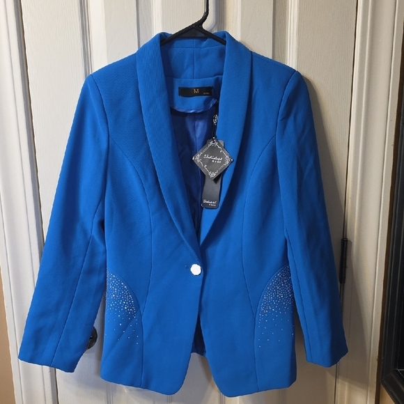 Dushicolorful Jackets & Blazers - Vibrant Blue Women's Blazer with Crystal Accents